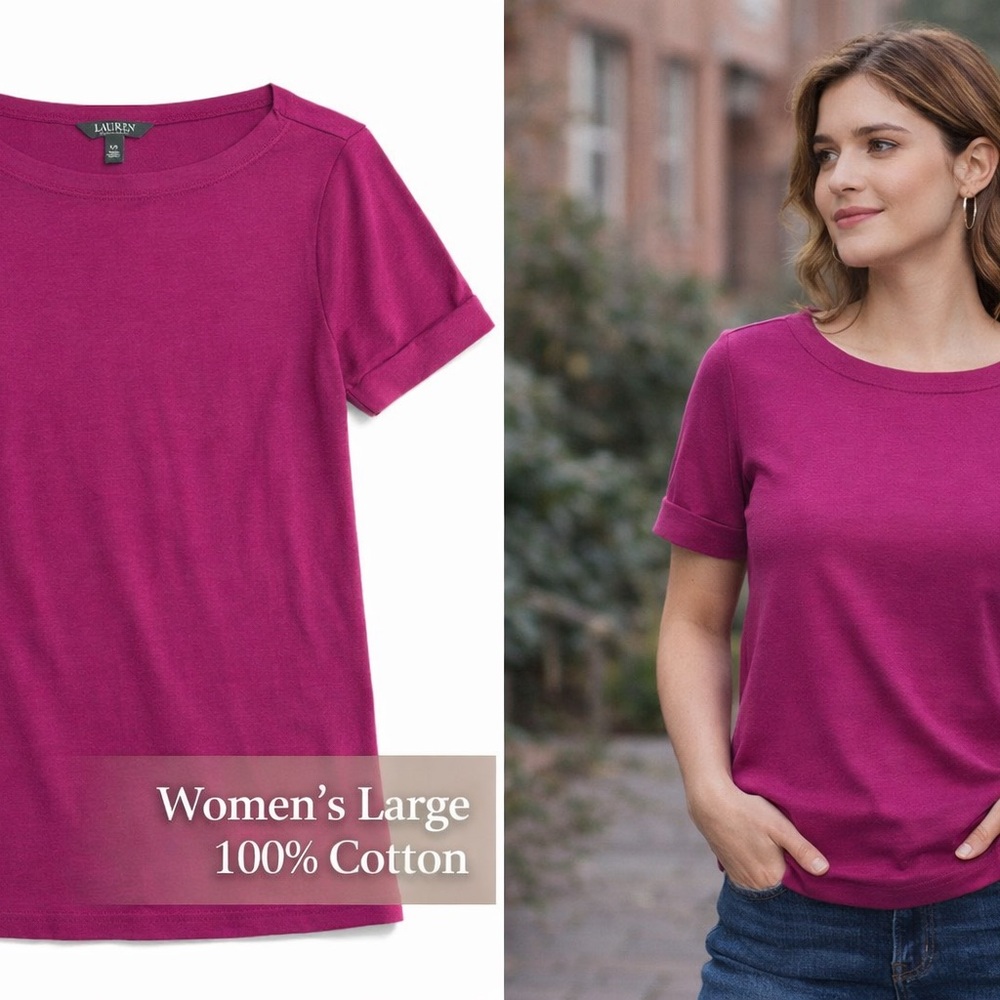 Lauren Ralph Lauren Women’s Magenta Short Sleeve Tee | Size Large | 100% Cotton
